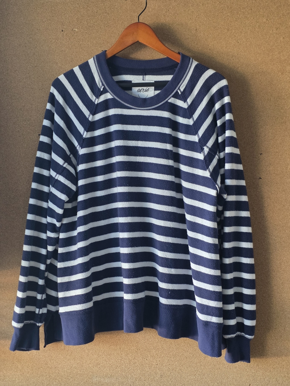 Aerie Very Oversized Striped Big Chill Crewneck Sweatshirt Navy Blue White  M